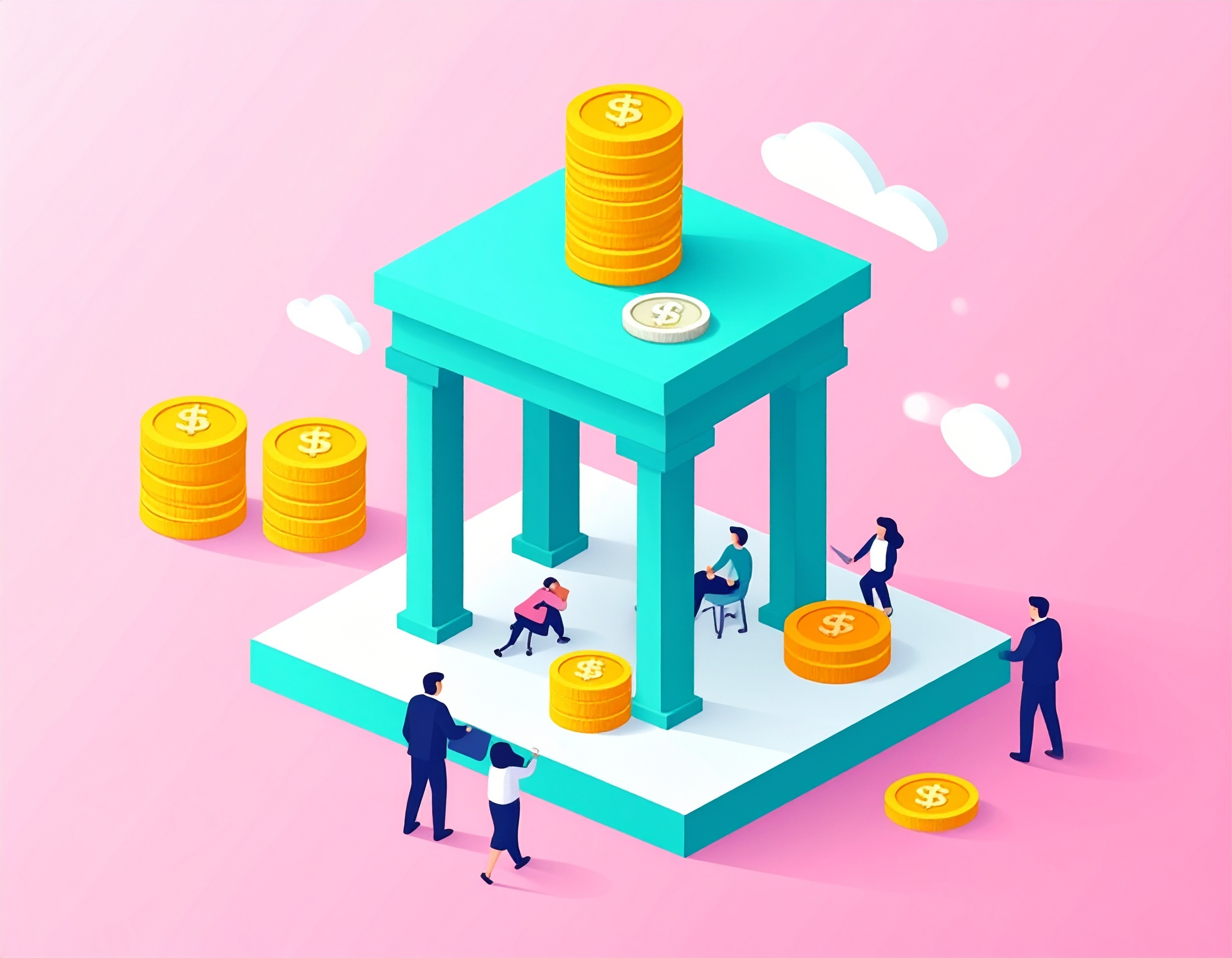 Pick house with coins on the top and bottom. People standing around it 